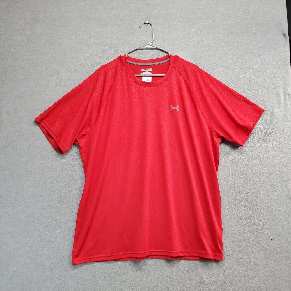 Under Armour Men Shirt 2XL Red Logo‎ HeatGear Short Sleeve Crew Neck Loose Fit